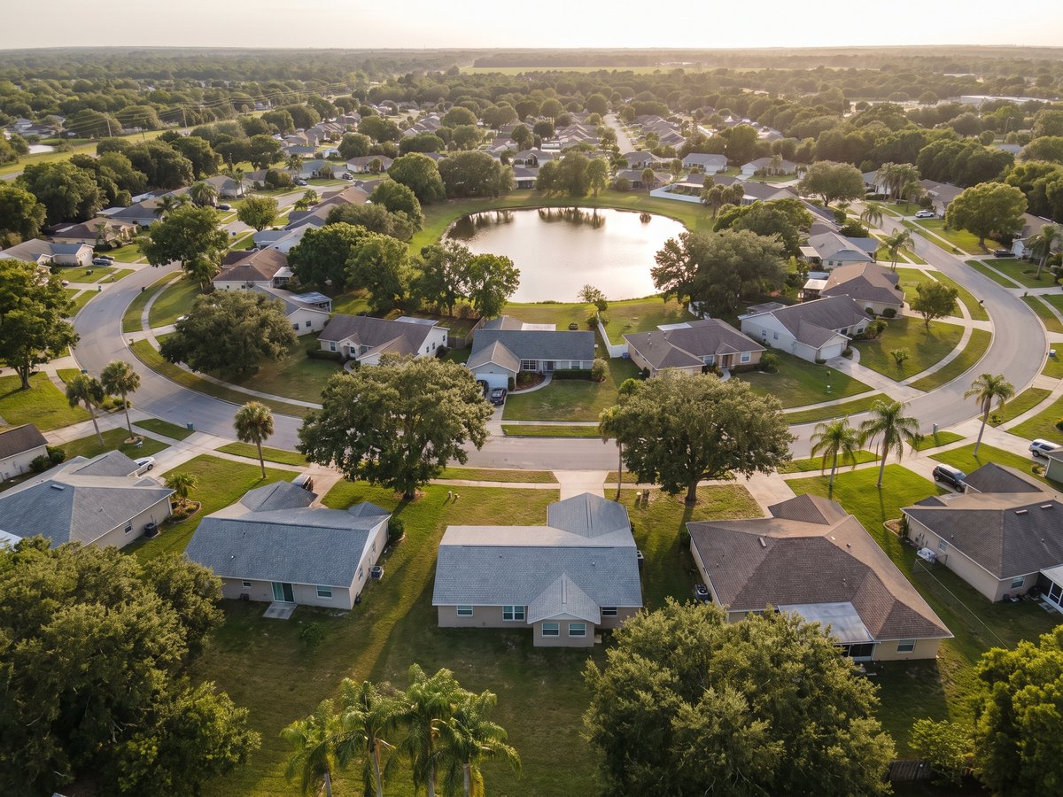 Aerial view of a leafy Orlando residential neighborhood with shingle rooftops, oaks, palms and a small lake