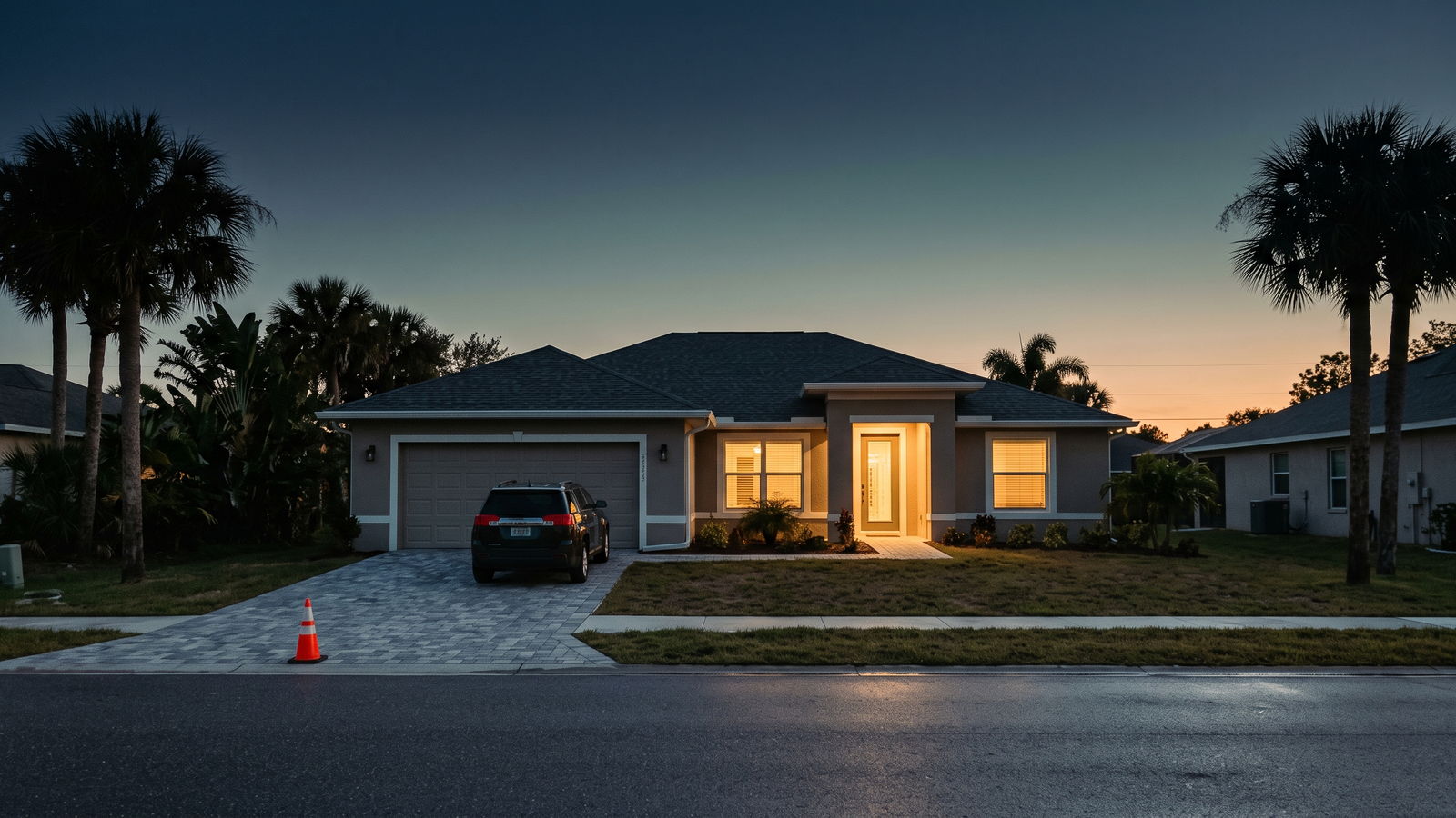 An Orlando home at dusk with a newly finished shingle roof and lit windows