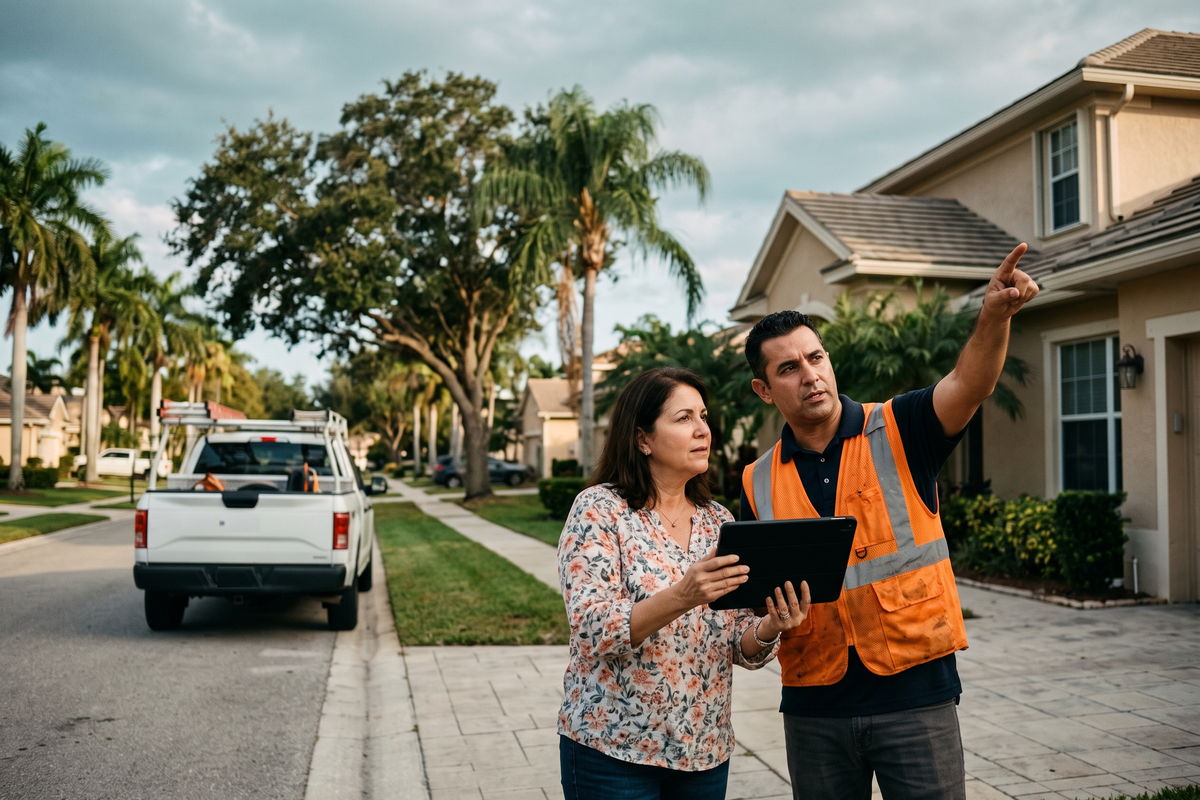 An estimator walking a homeowner through roof findings on a tablet in an Orlando driveway