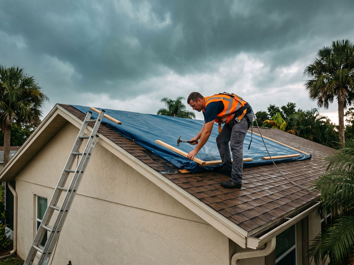 Roofer securing an emergency tarp over a storm-damaged shingle roof in Orlando