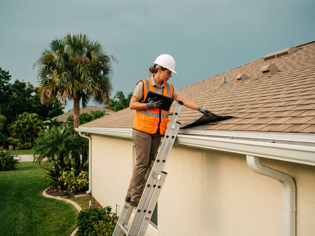 Roof inspector on a ladder checking the shingle edge and drip line of a stucco home in Orlando