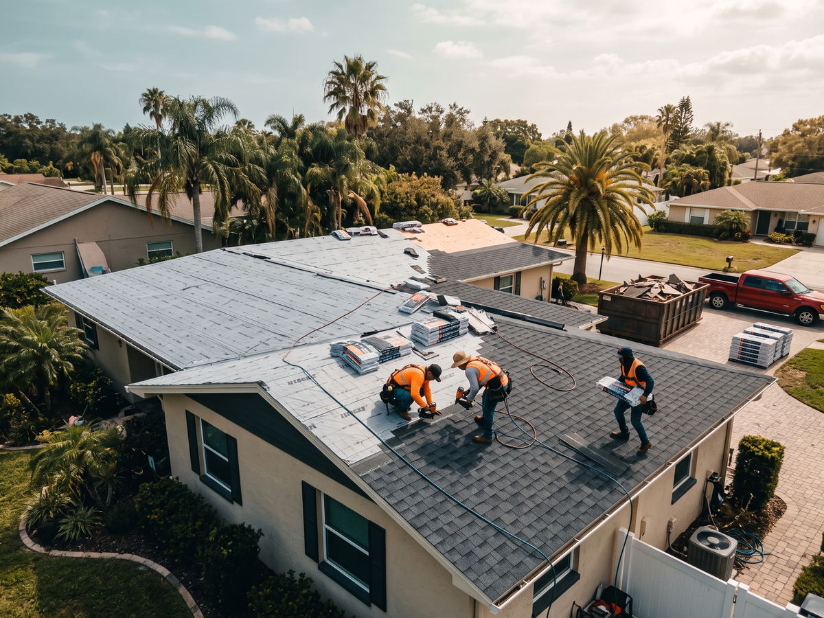Crew installing new asphalt shingles over fresh underlayment on a one-story Orlando home