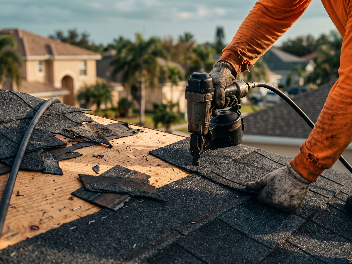 Close-up of a roofer nailing new shingles beside wind-damaged shingles on an Orlando roof