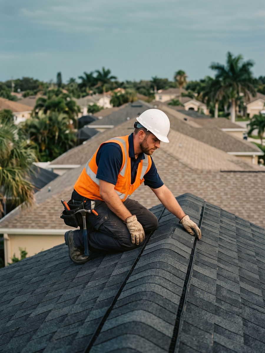 A roofer checking the seal on new shingles at the ridge of an Orlando roof, palm trees behind